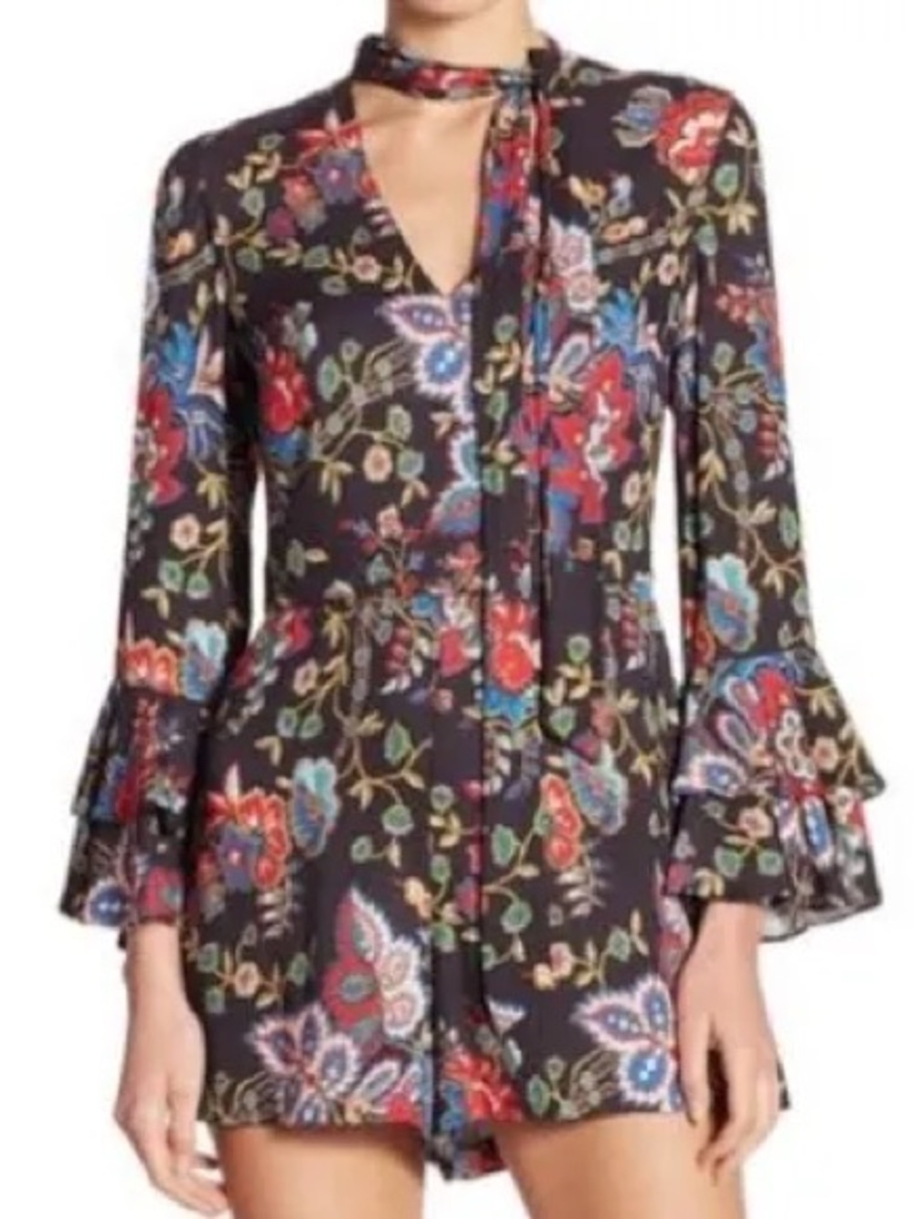 Alice + Olivia Floral Bell Sleeve Neck-Tie Romper Size Small Black Paisley